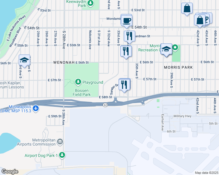 map of restaurants, bars, coffee shops, grocery stores, and more near 5709 Bossen Terrace in Minneapolis