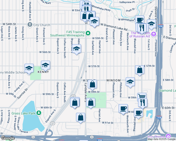 map of restaurants, bars, coffee shops, grocery stores, and more near 5703 Lyndale Avenue South in Minneapolis