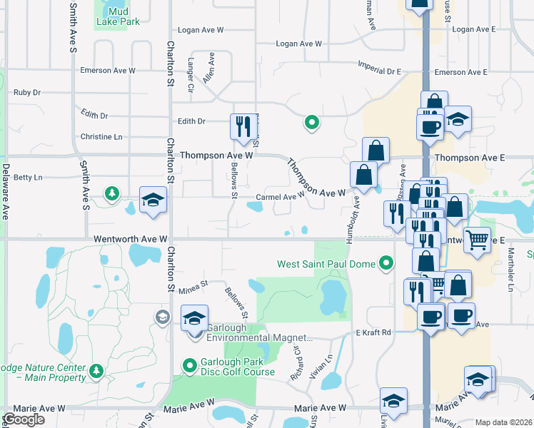 map of restaurants, bars, coffee shops, grocery stores, and more near 124 Carmel Ave W in St Paul