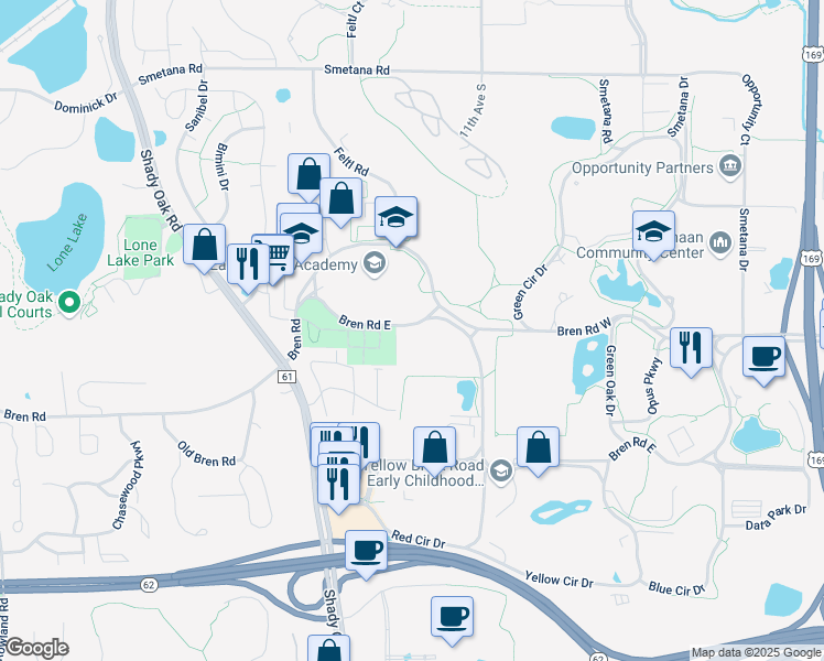 map of restaurants, bars, coffee shops, grocery stores, and more near 10987 Bren Road East in Minnetonka