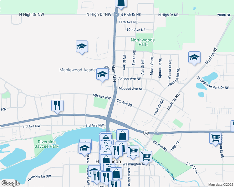 map of restaurants, bars, coffee shops, grocery stores, and more near 531 Main Street North in Hutchinson