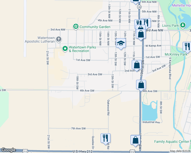 map of restaurants, bars, coffee shops, grocery stores, and more near 1500 3rd Avenue Southwest in Watertown