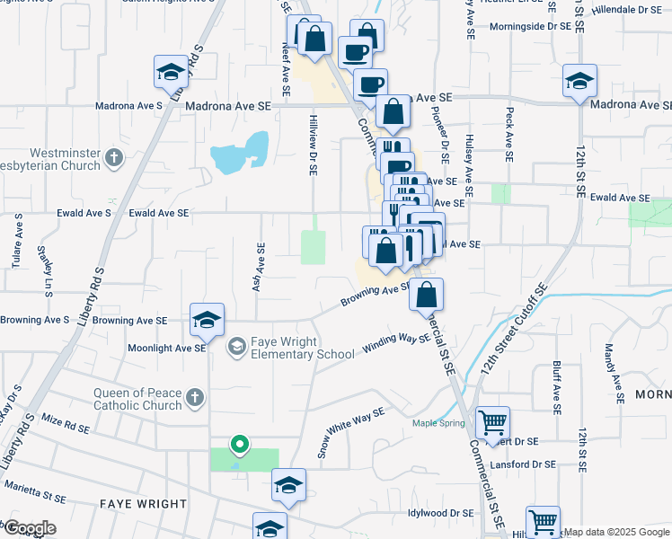 map of restaurants, bars, coffee shops, grocery stores, and more near 3890 Welty Avenue Southeast in Salem