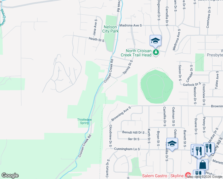 map of restaurants, bars, coffee shops, grocery stores, and more near 3860 Croisan Creek Road South in Salem