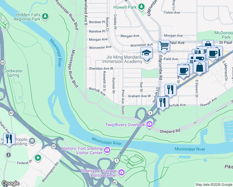 map of restaurants, bars, coffee shops, grocery stores, and more near 1408 Sumner Street in Saint Paul
