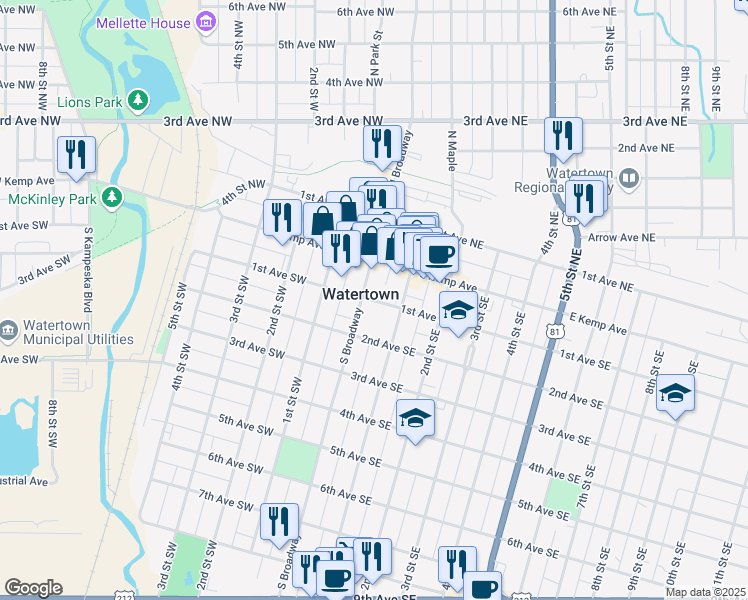 map of restaurants, bars, coffee shops, grocery stores, and more near 27 1st Avenue Southeast in Watertown
