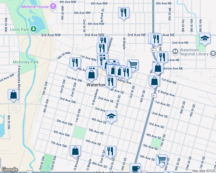 map of restaurants, bars, coffee shops, grocery stores, and more near 27 1st Avenue Southeast in Watertown
