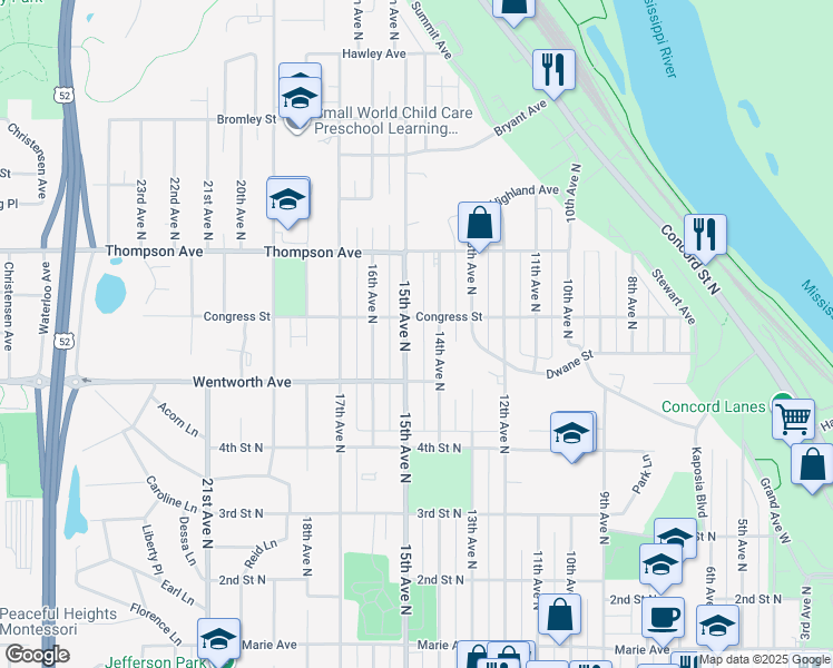 map of restaurants, bars, coffee shops, grocery stores, and more near 558 15th Avenue North in South Saint Paul