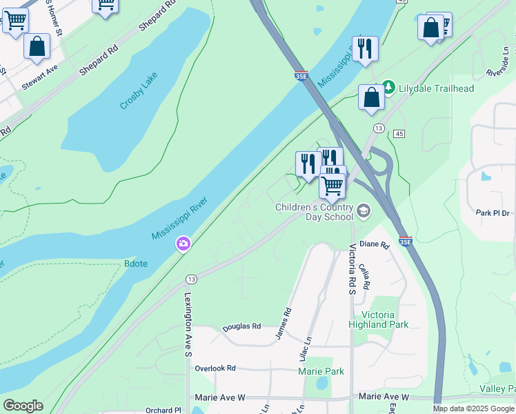 map of restaurants, bars, coffee shops, grocery stores, and more near 1015 Sibley Memorial Hwy in Lilydale