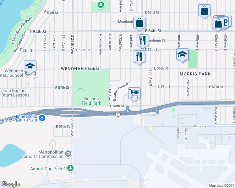 map of restaurants, bars, coffee shops, grocery stores, and more near 5733 Bossen Terrace in Minneapolis