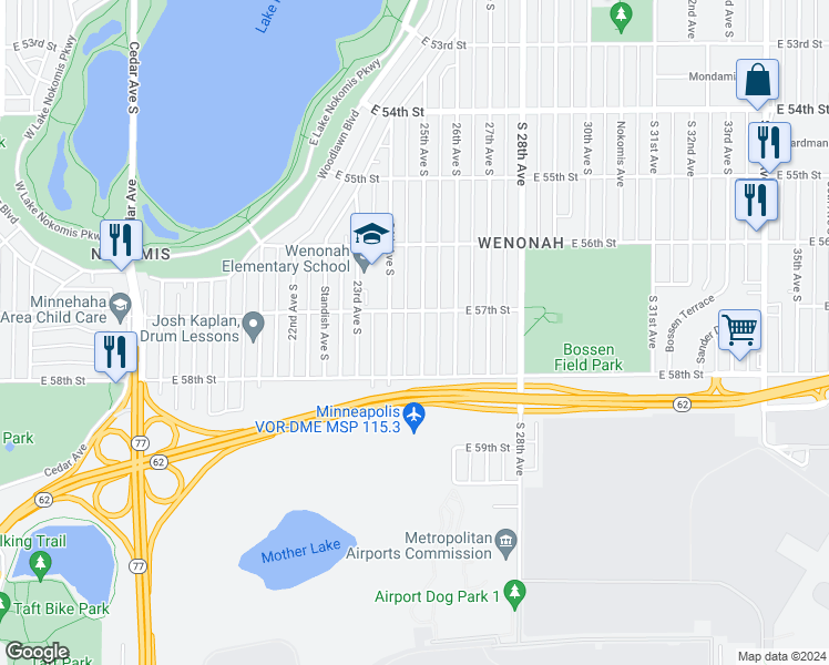 map of restaurants, bars, coffee shops, grocery stores, and more near 5716 25th Avenue South in Minneapolis