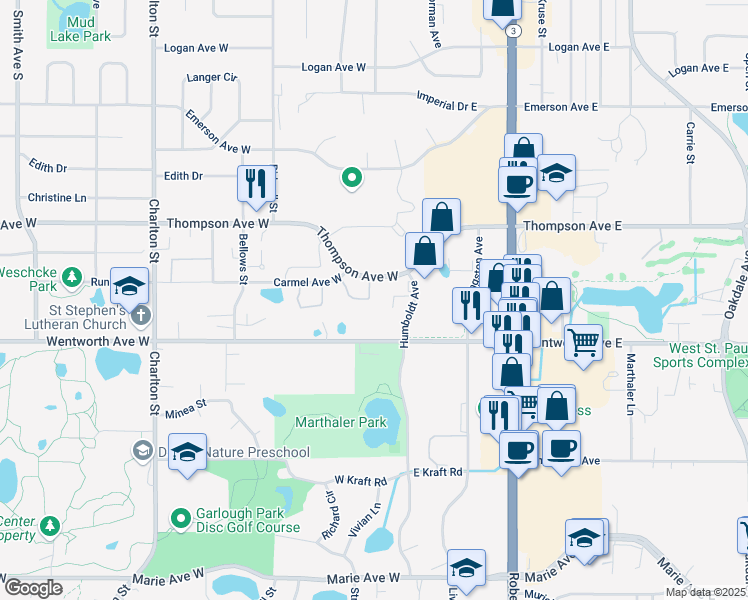 map of restaurants, bars, coffee shops, grocery stores, and more near 64 Thompson Avenue West in Saint Paul