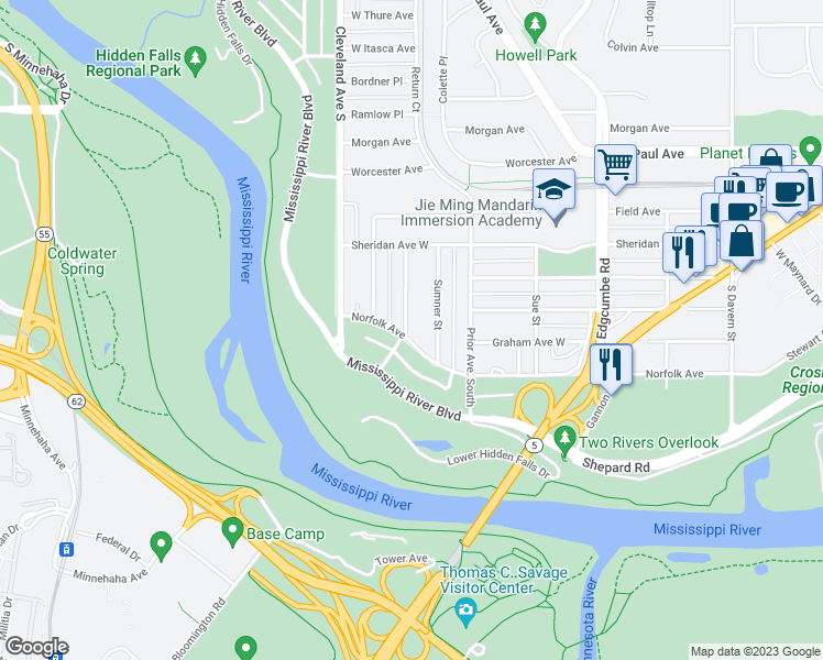 map of restaurants, bars, coffee shops, grocery stores, and more near 1400 Kenneth Street South in Saint Paul