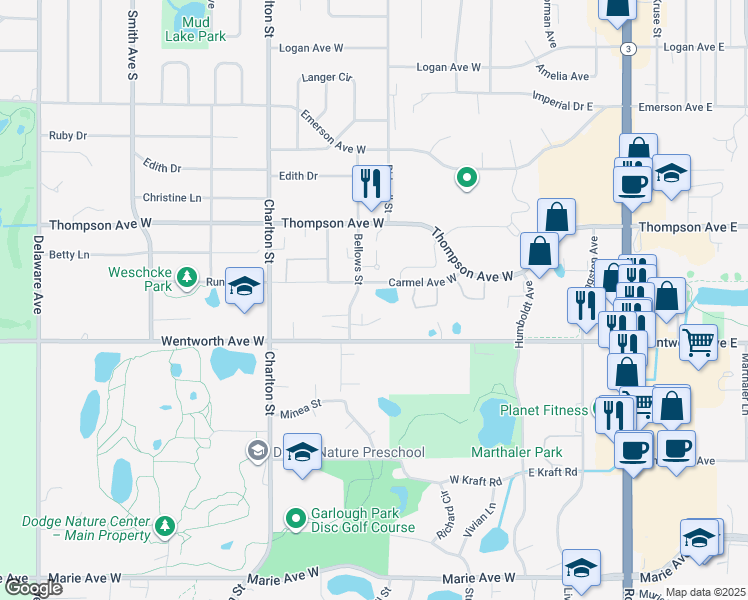 map of restaurants, bars, coffee shops, grocery stores, and more near 1560 Bellows Street in West Saint Paul