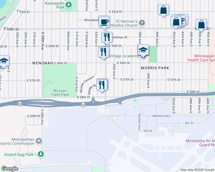 map of restaurants, bars, coffee shops, grocery stores, and more near 5716 35th Avenue South in Minneapolis