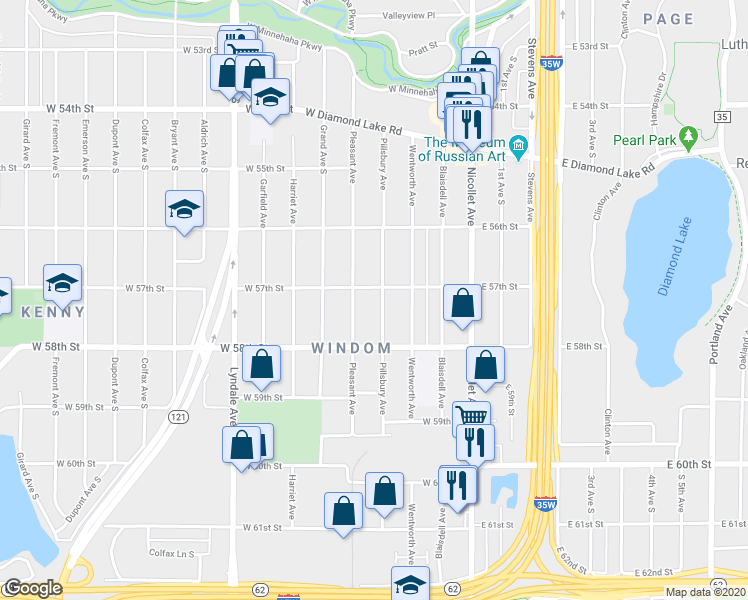 map of restaurants, bars, coffee shops, grocery stores, and more near 5705 Pillsbury Avenue in Minneapolis