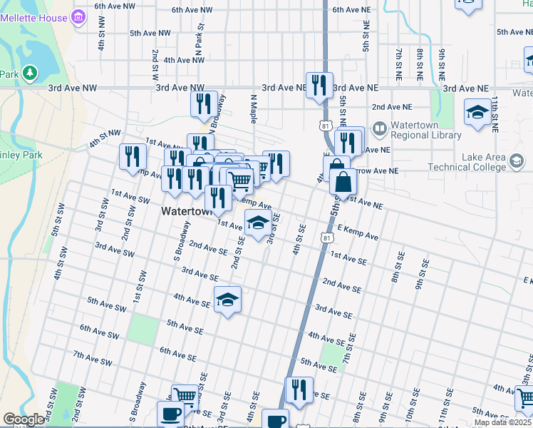 map of restaurants, bars, coffee shops, grocery stores, and more near 216-298 East Kemp Avenue in Watertown
