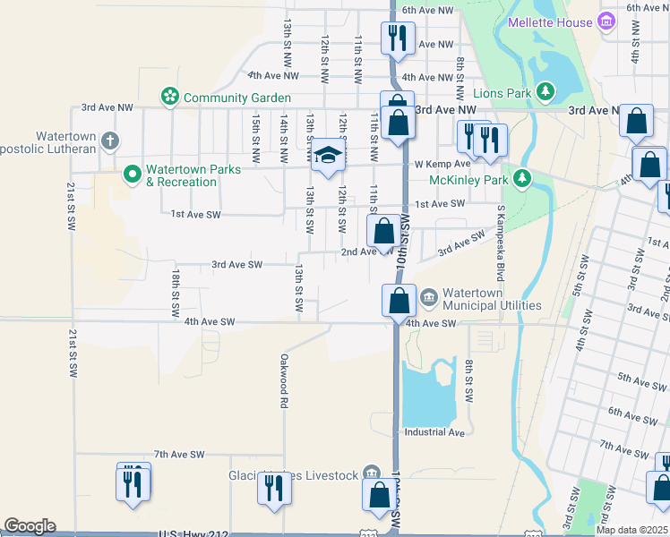 map of restaurants, bars, coffee shops, grocery stores, and more near 1200 2nd Avenue Southwest in Watertown