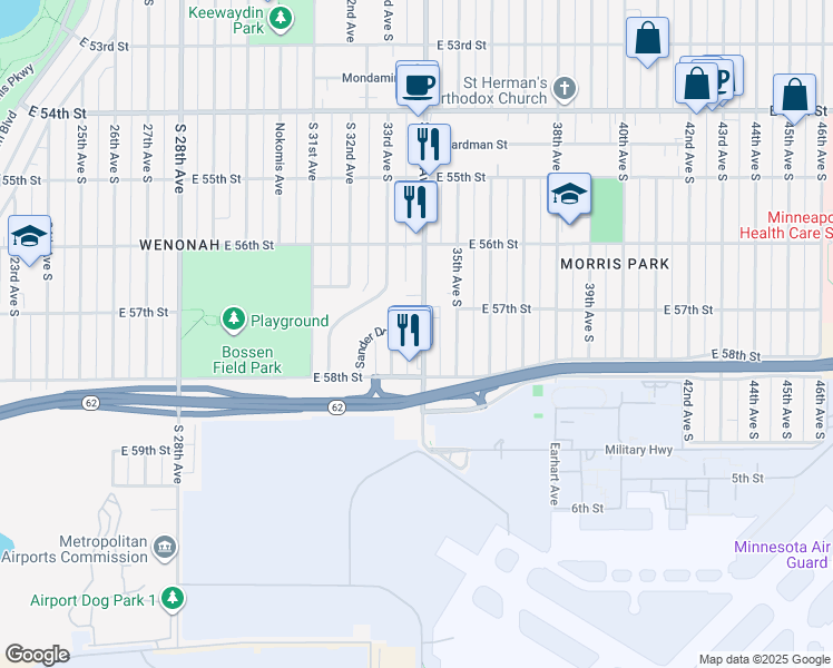 map of restaurants, bars, coffee shops, grocery stores, and more near 5712 South 34th Avenue in Minneapolis