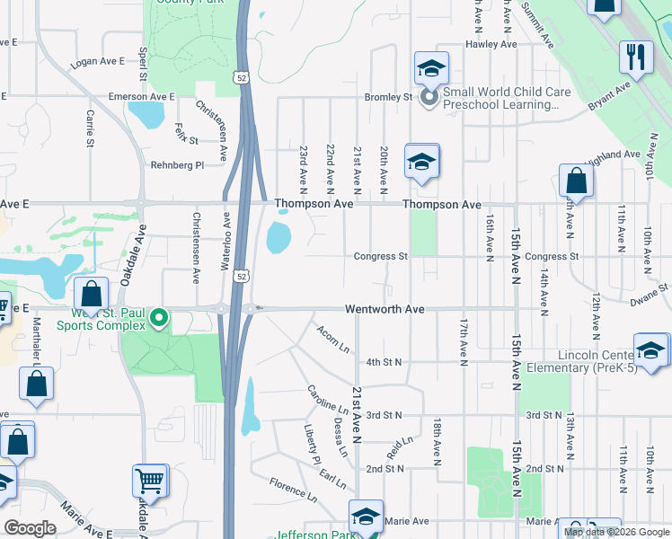 map of restaurants, bars, coffee shops, grocery stores, and more near 2201 Congress Street in South Saint Paul