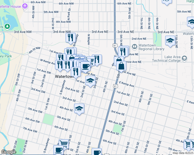 map of restaurants, bars, coffee shops, grocery stores, and more near 216-298 East Kemp Avenue in Watertown