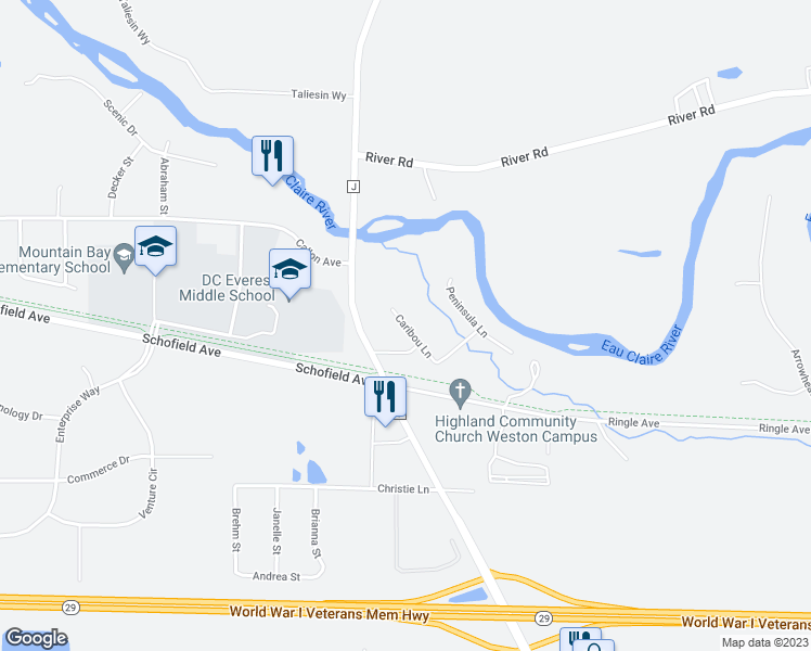 map of restaurants, bars, coffee shops, grocery stores, and more near 6605 Caribou Lane in Ringle