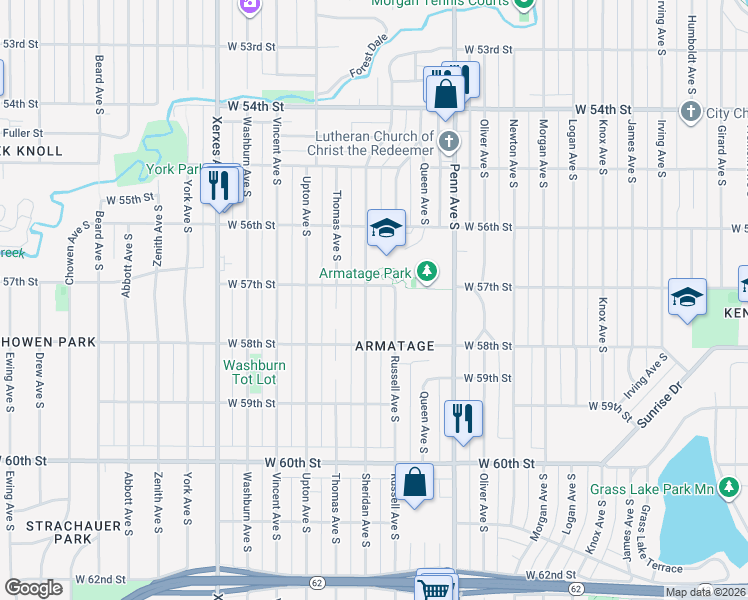 map of restaurants, bars, coffee shops, grocery stores, and more near 5705 Sheridan Avenue South in Minneapolis