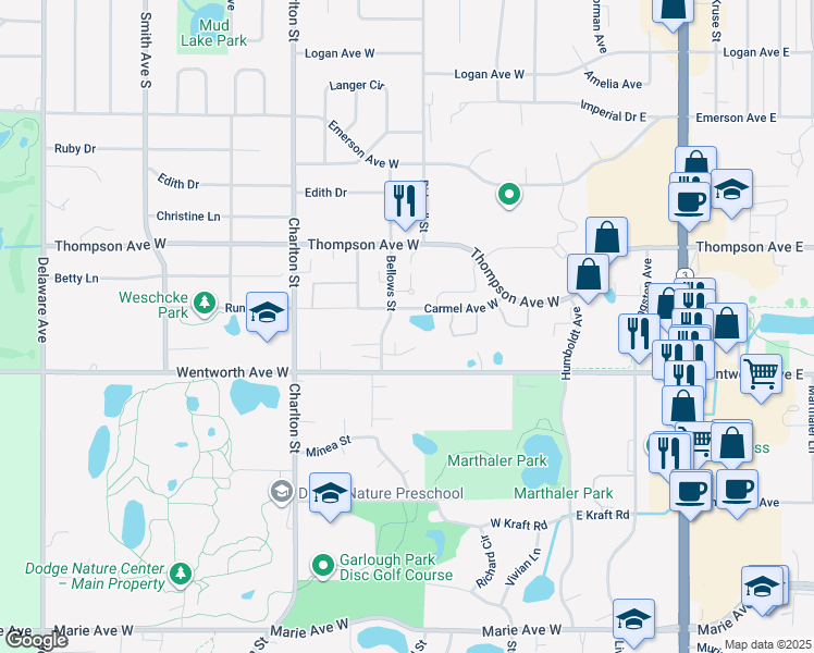map of restaurants, bars, coffee shops, grocery stores, and more near 1560 Bellows Street in West Saint Paul
