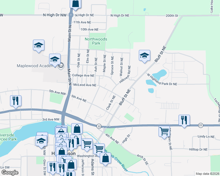map of restaurants, bars, coffee shops, grocery stores, and more near 624 Hillcrest Road Northeast in Hutchinson