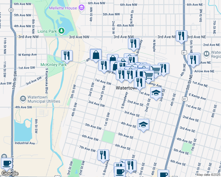 map of restaurants, bars, coffee shops, grocery stores, and more near 110 1/2 1st Avenue Northwest in Watertown