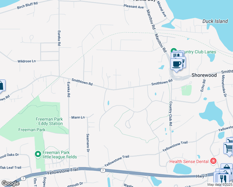 map of restaurants, bars, coffee shops, grocery stores, and more near 25005 Smithtown Road in Shorewood
