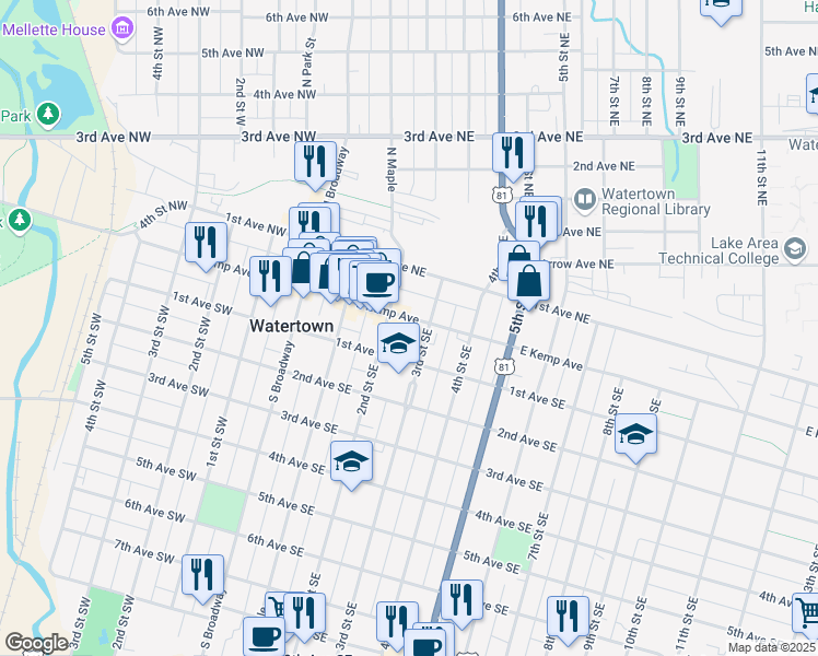 map of restaurants, bars, coffee shops, grocery stores, and more near 216 East Kemp Avenue in Watertown