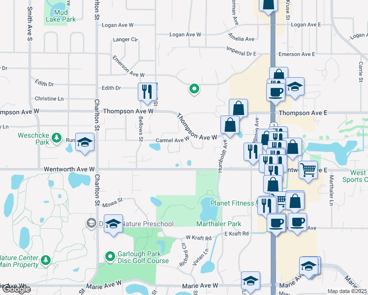 map of restaurants, bars, coffee shops, grocery stores, and more near 124 Carmel Avenue West in Saint Paul