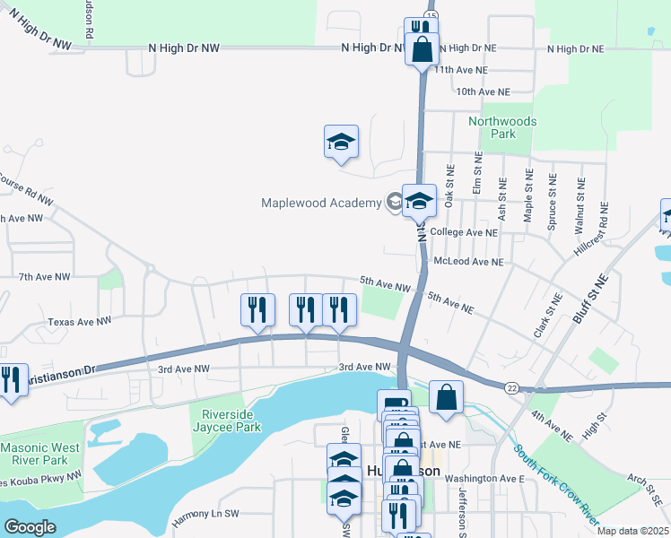 map of restaurants, bars, coffee shops, grocery stores, and more near 105 5th Avenue Northwest in Hutchinson