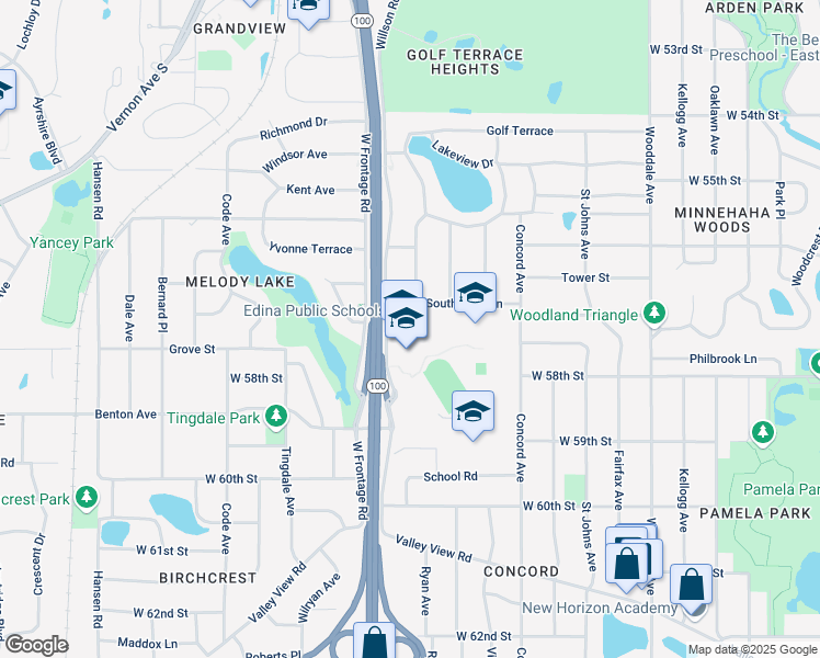 map of restaurants, bars, coffee shops, grocery stores, and more near 5701 Normandale Road in Minneapolis