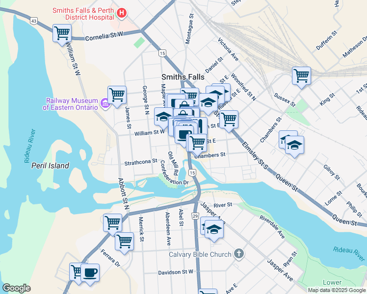 map of restaurants, bars, coffee shops, grocery stores, and more near 7 Main Street West in Smiths Falls