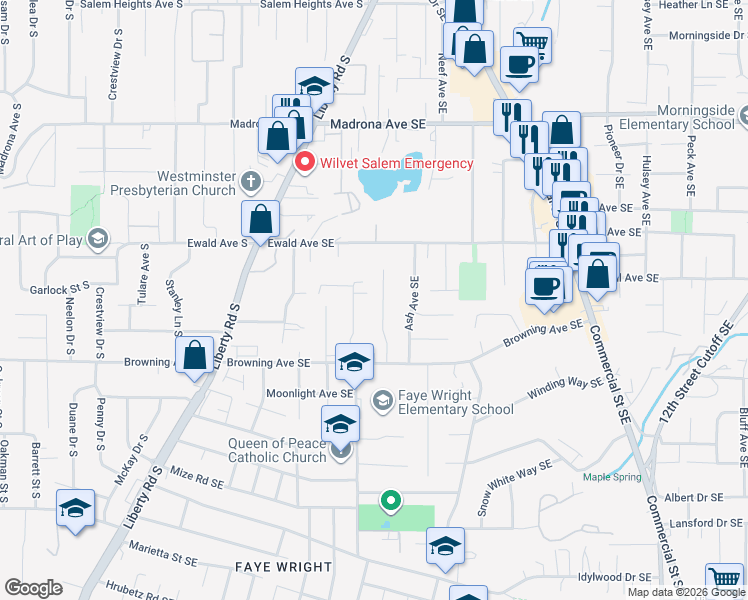 map of restaurants, bars, coffee shops, grocery stores, and more near 3888 Lone Oak Road Southeast in Salem
