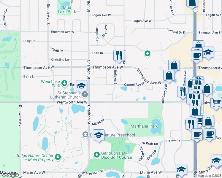 map of restaurants, bars, coffee shops, grocery stores, and more near 1555 Bellows Street in West Saint Paul