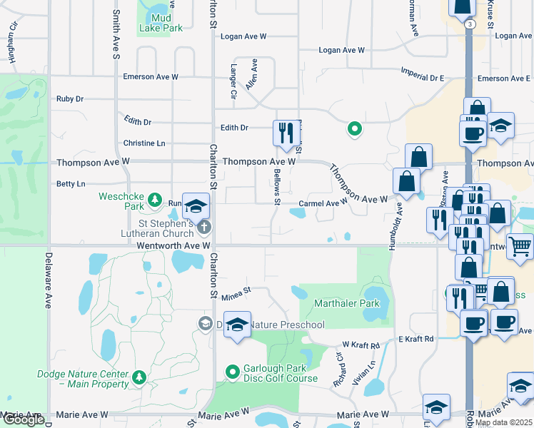 map of restaurants, bars, coffee shops, grocery stores, and more near 1555 Bellows Street in Saint Paul