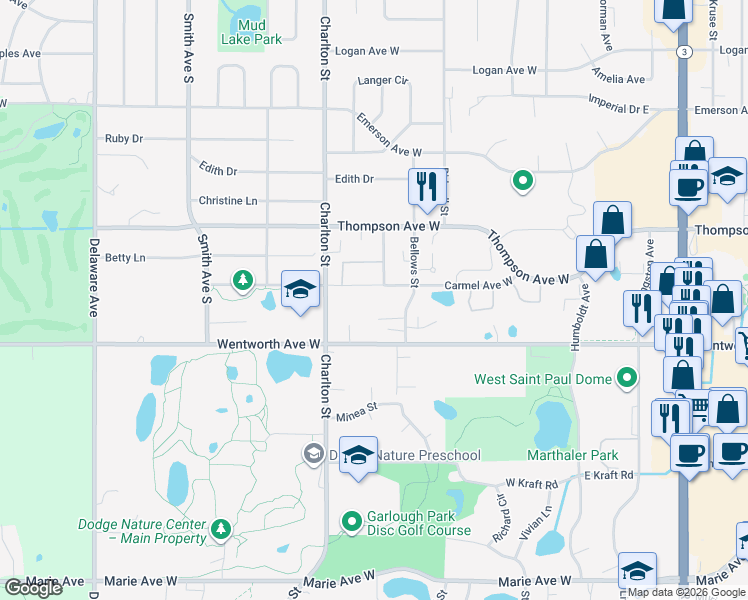 map of restaurants, bars, coffee shops, grocery stores, and more near 1552 Charlton Street in Saint Paul