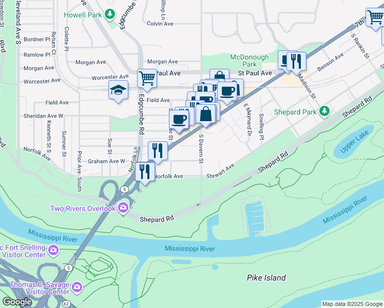 map of restaurants, bars, coffee shops, grocery stores, and more near 1735 Graham Avenue West in Saint Paul