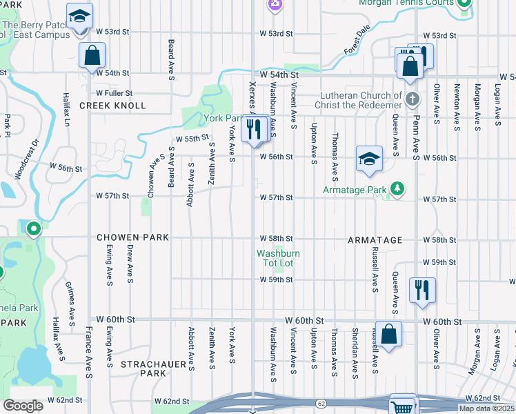 map of restaurants, bars, coffee shops, grocery stores, and more near 5700 Washburn Avenue South in Minneapolis