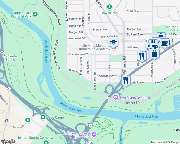 map of restaurants, bars, coffee shops, grocery stores, and more near 1408 Sumner Street in Saint Paul