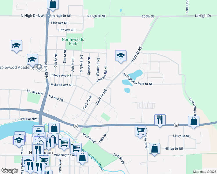 map of restaurants, bars, coffee shops, grocery stores, and more near 605 Waller Drive Northeast in Hutchinson