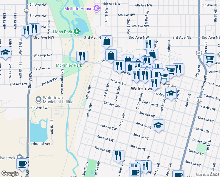 map of restaurants, bars, coffee shops, grocery stores, and more near 150 3rd Street Southwest in Watertown