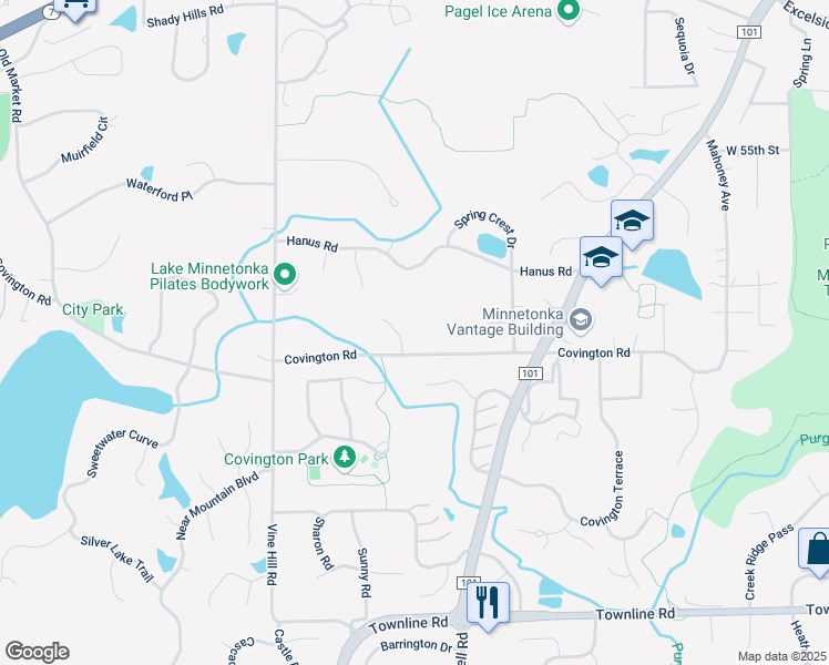 map of restaurants, bars, coffee shops, grocery stores, and more near 5729 Covington Circle in Minnetonka