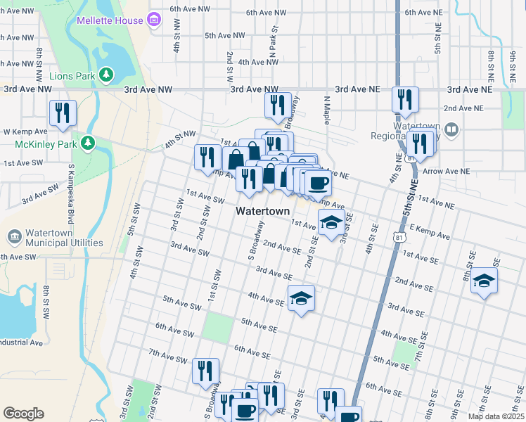 map of restaurants, bars, coffee shops, grocery stores, and more near in Watertown