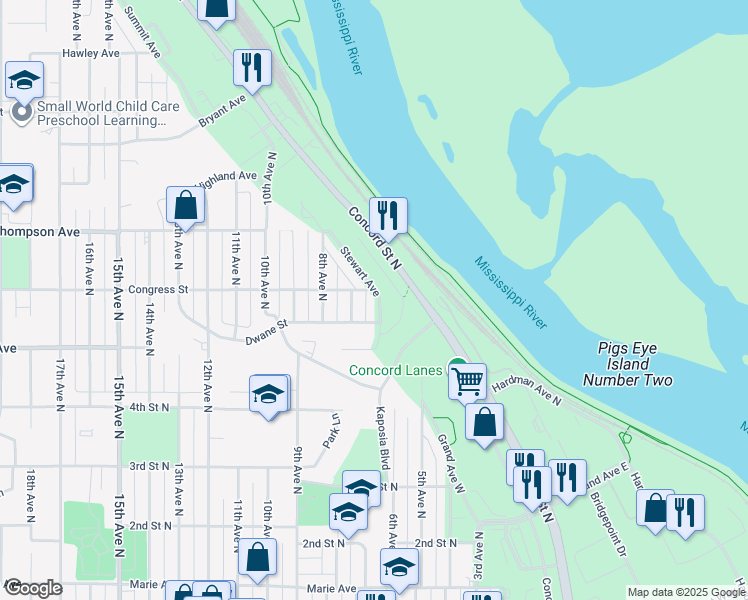 map of restaurants, bars, coffee shops, grocery stores, and more near 523 Stewart Avenue in South Saint Paul