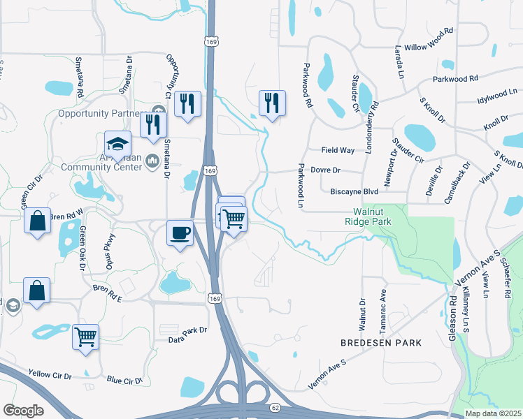 map of restaurants, bars, coffee shops, grocery stores, and more near 5716 Tucker Lane in Edina