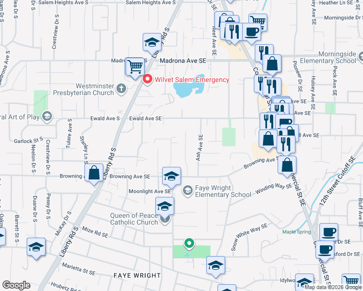 map of restaurants, bars, coffee shops, grocery stores, and more near 3888 Lone Oak Road Southeast in Salem
